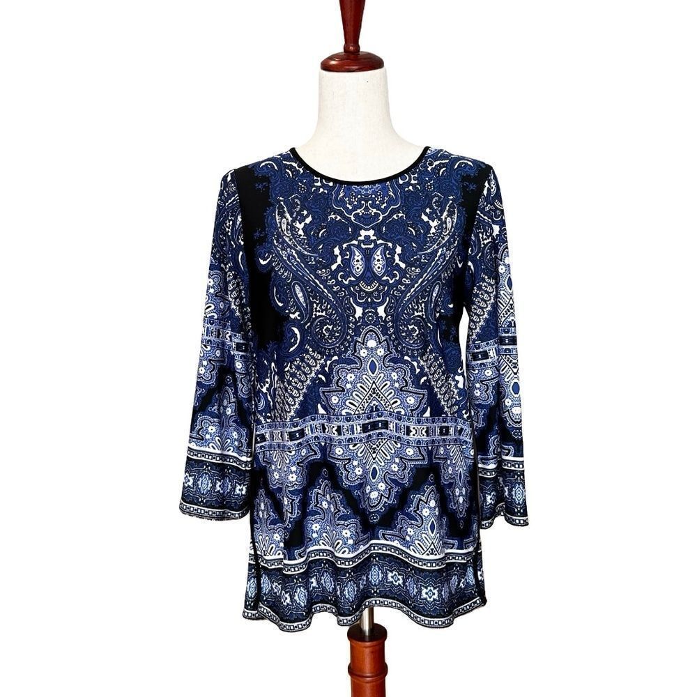 Melissa Paige 3/4 Sleeve Blouse - Tunic Pattern Blue/White/Black Small